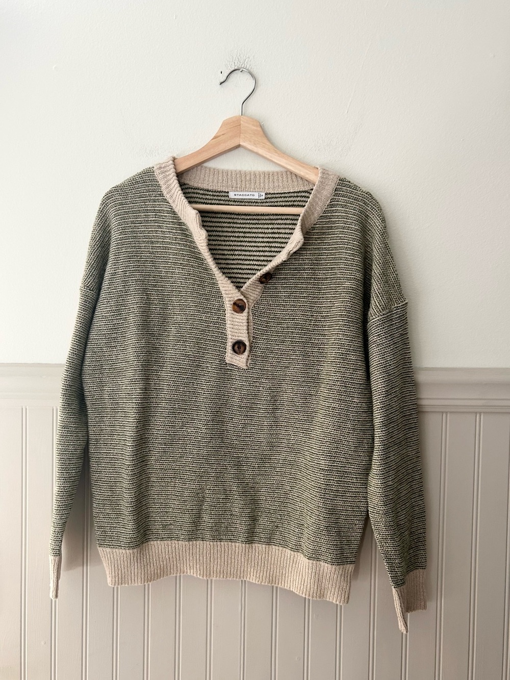 Staccato Small Striped Olive Green and Cream Henley Knit Sweater